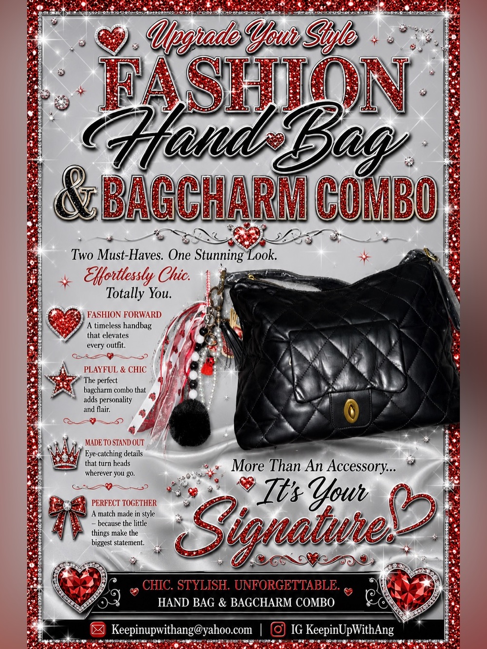 Classic Quilted Black Handbag with Bag Charm Combo